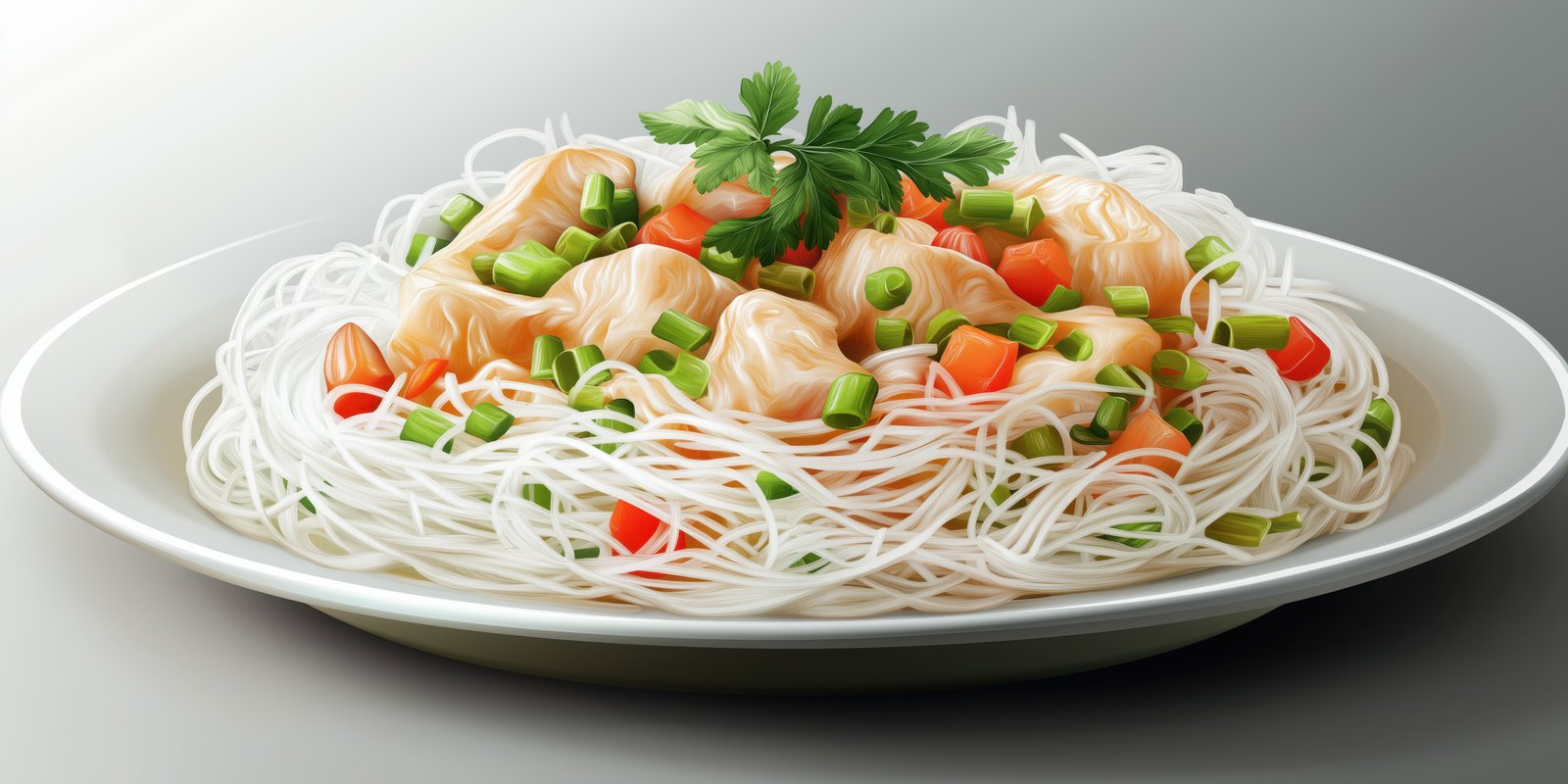 Delicious bowl of noodles with vegetables and dumplings served on a plate